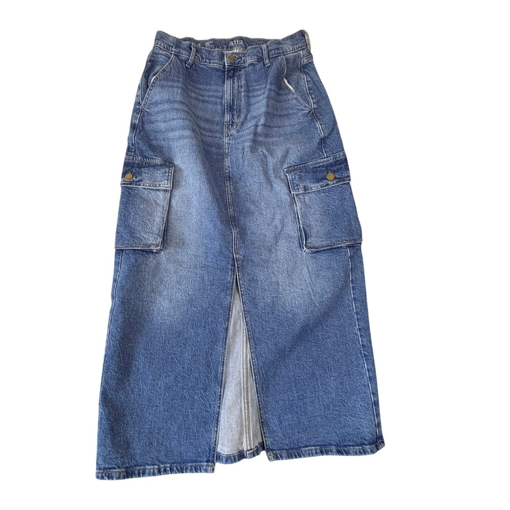a.n.a Denim Maxi Skirt Womens 8 Blue High Rise Cargo Front Slit Utility Long